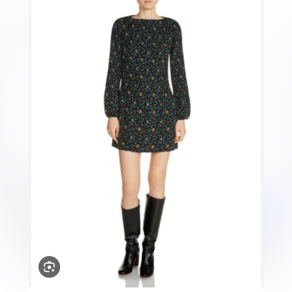 SOLD Maje Rockina Pleated Long Sleeve Floral Mini Dress Black Blue Green Small - Picture 3 of 12